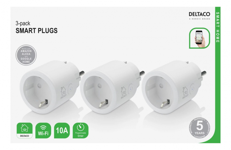 DELTACO SMART HOME strömbrytare, WiFi, 1xCEE 7/3, 10A, timer, 3-pack