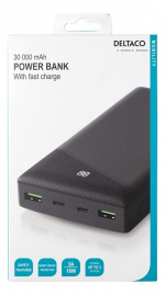 DELTACO Powerbank 30 000 mAh, 1x USB-C, 2x USB-A, snabbladdning