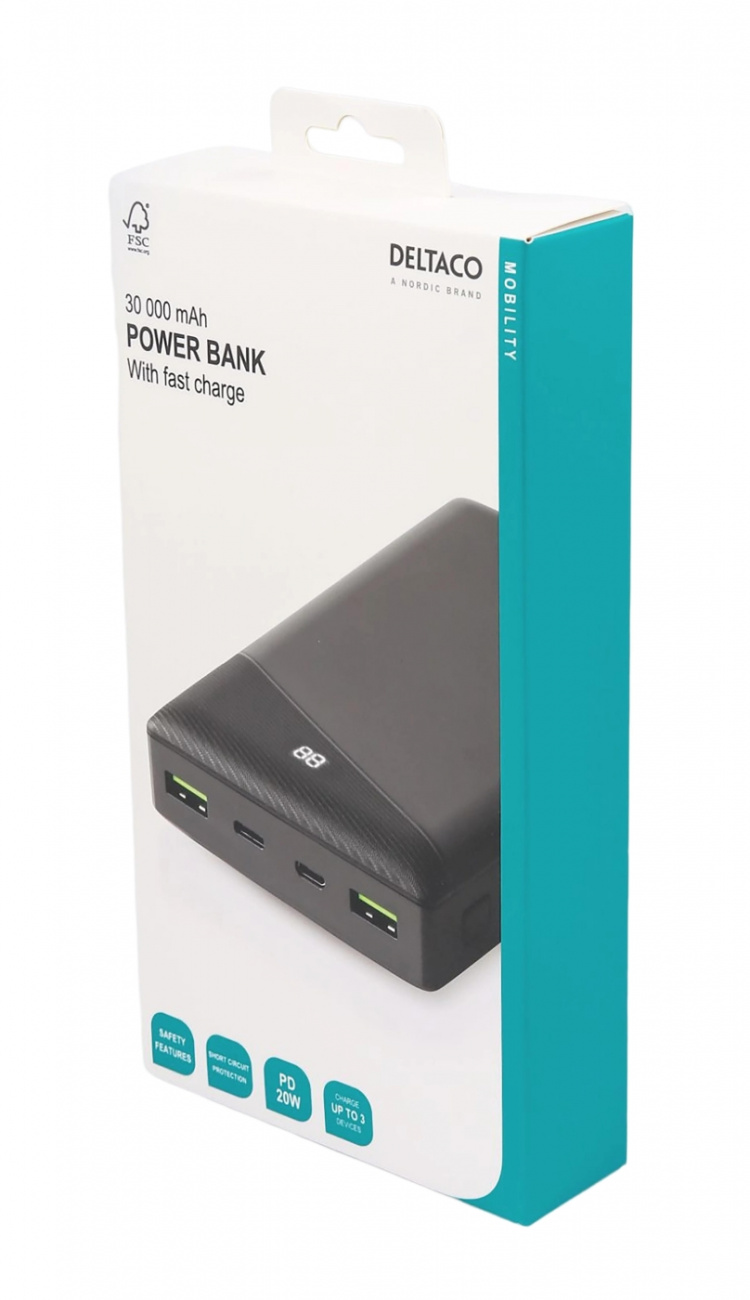 DELTACO Powerbank 30 000 mAh, 1x USB-C, 2x USB-A, snabbladdning