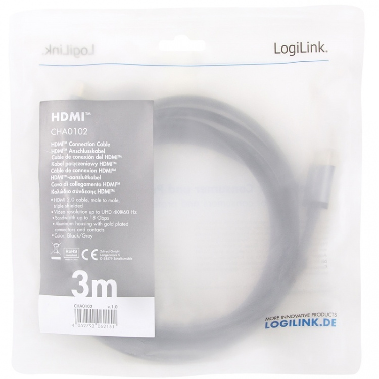LogiLink HDMI-kabel 2.0 Premium High Speed HDMI 4K/60Hz Alu 3m