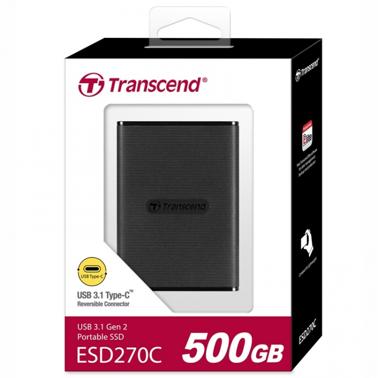 Transcend Portabel SSD ESD270C USB-C 500GB (R520/W460) Svart