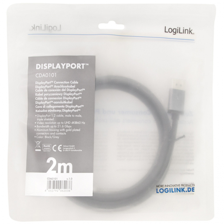 LogiLink DisplayPort-kabel 4K/60Hz Aluminium 2m LogiLink DisplayPort-kabel 4K/60Hz Aluminium 2m