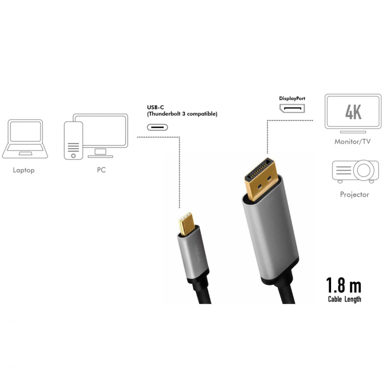 LogiLink USB-C till DisplayPort 1.2 Kabel 4K/60Hz 1,8m Aluminium
