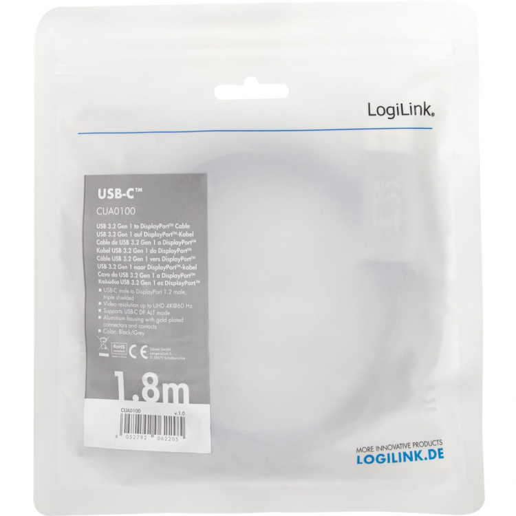 LogiLink USB-C till DisplayPort 1.2 Kabel 4K/60Hz 1,8m Aluminium