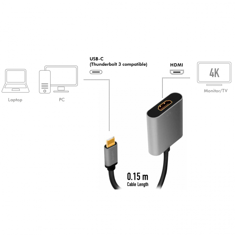 LogiLink USB-C till HDMI Adapter 4K/60Hz 0,15m Aluminium