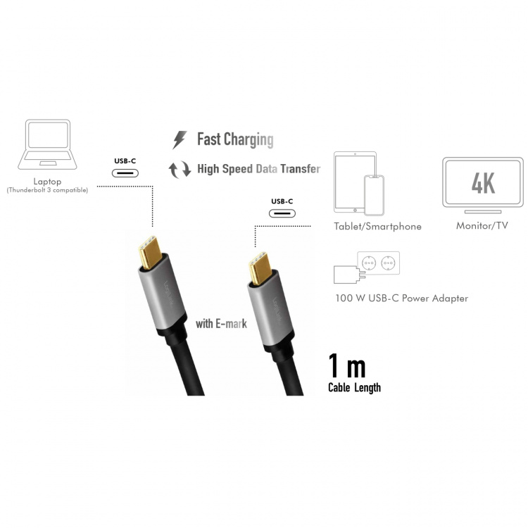 LogiLink USB-C-kabel USB 3.2 Gen2 PD 3.0 100W 10Gbps 4K/60Hz Alu 1m