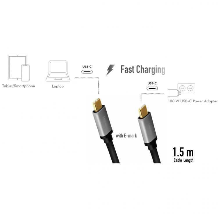 LogiLink USB-C-kabel USB 2.0 PD 3.0 100W 480 Mbps Alu 1,5m