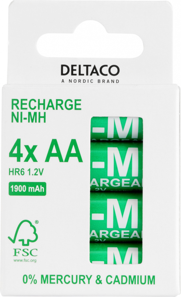 DELTACO Ultimate Ni-Mh uppladdningsbar, LR6/AA storlek, 1900mAh, 4-pack (SG) DELTACO Ultimate Ni-Mh uppladdningsbar, LR6/AA storlek, 1900mAh, 4-pack (SG)