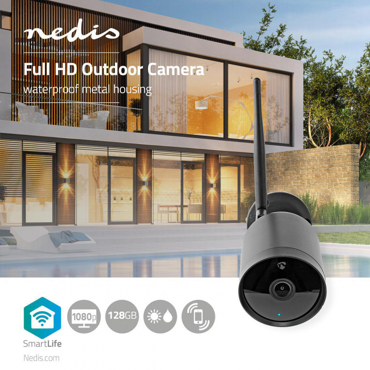 Nedis SmartLife Utomhus Kamera | Full HD 1080p | IP65 | microSD (ingår inte) / Molnlagring (tillval) | 12 V DC | Med rörelsesensor | Nattsikt | Svart