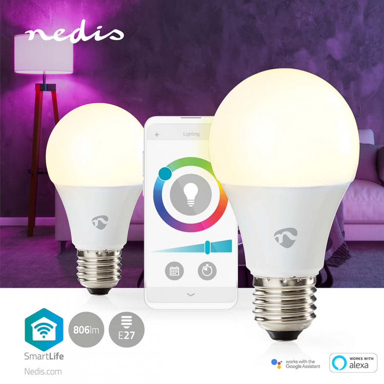 Nedis SmartLife Full Färg Glödlampa | E27 | 806 lm | 9 W | RGB / Varm till cool vit | 2700 - 6500 K | Android™ / IOS | Glödlampa | 2 st