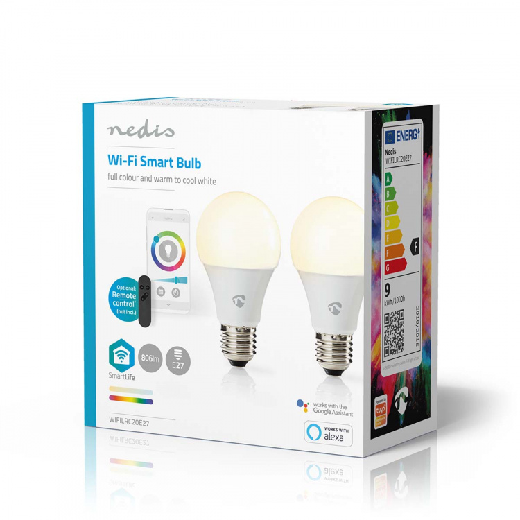 Nedis SmartLife Full Färg Glödlampa | E27 | 806 lm | 9 W | RGB / Varm till cool vit | 2700 - 6500 K | Android™ / IOS | Glödlampa | 2 st