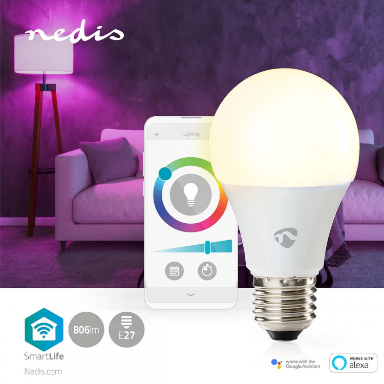 Nedis SmartLife Full Färg Glödlampa | E27 | 806 lm | 9 W | RGB / Varm till cool vit | 2700 - 6500 K | Android™ / IOS | Glödlampa | 1 st
