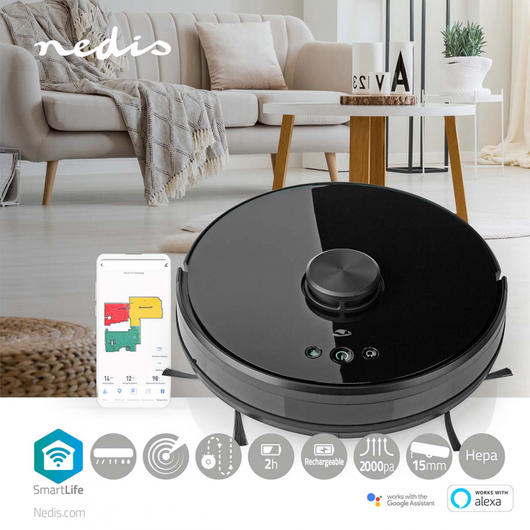 Nedis SmartLife Robot Dammsugare | Lasernavigation | Wi-Fi | Kapacitet insamlingsreservoir: 0.6 l | Automatisk laddning | Maximal användningstid: 2 timmar | Svart | Android™ / IOS Nedis SmartLife Robot Dammsugare | Lasernavigation | Wi-Fi | Kapacitet insamlingsreservoir: 0.6 l | Automatisk laddning | Maximal användningstid: 2 timmar | Svart | Android™ / IOS