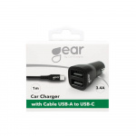 Gear Laddare 12-24V 2xUSB 3.4A Svart USB-C 2.0 Kabel 1m