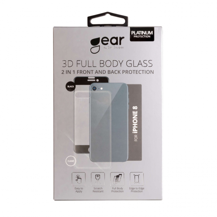 Gear Härdat Glas 3D 2in1 Front & Back iPhone8 Edge to Edge Svart med Klar baksida
