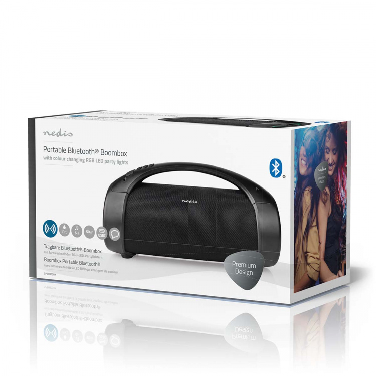 Nedis Bluetooth® Party Boombox | 6 timmar | 2.0 | 150 W | Uppspelning av media: AUX / USB | IPX5 | Synkroniseringsbar | Bärhandtag | Festljus | Svart