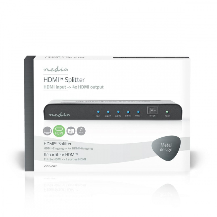 Nedis HDMI ™ Splitter | 4-Port port(s) | 4x HDMI™ Output | 4K@60Hz | 18 Gbps | Metall | Antracit