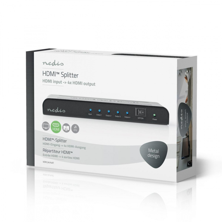 Nedis HDMI ™ Splitter | 4-Port port(s) | 4x HDMI™ Output | 4K@60Hz | 18 Gbps | Metall | Antracit