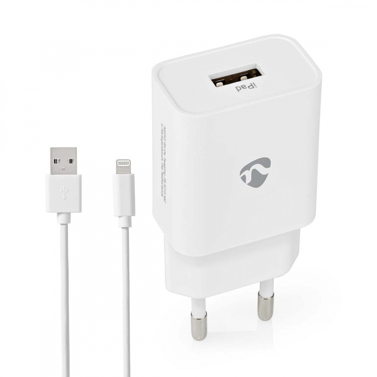 Nedis Väggladdare | 12 W | Snabbladdnings funktion | 1x 2.4 A A | Antal utgångar: 1 | USB-A | Lightning 8-Pin (Lös) Kabel | 1.00 m | Single Voltage Output | Vit Nedis Väggladdare | 12 W | Snabbladdnings funktion | 1x 2.4 A A | Antal utgångar: 1 | USB-A | Lightning 8-Pin (Lös) Kabel | 1.00 m | Single Voltage Output | Vit