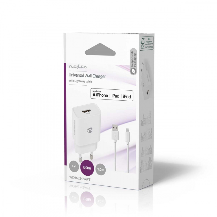 Nedis Väggladdare | 12 W | Snabbladdnings funktion | 1x 2.4 A A | Antal utgångar: 1 | USB-A | Lightning 8-Pin (Lös) Kabel | 1.00 m | Single Voltage Output | Vit Nedis Väggladdare | 12 W | Snabbladdnings funktion | 1x 2.4 A A | Antal utgångar: 1 | USB-A | Lightning 8-Pin (Lös) Kabel | 1.00 m | Single Voltage Output | Vit