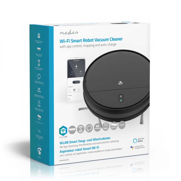 Nedis SmartLife Robot Dammsugare | Slumpmässigt | Wi-Fi | Kapacitet insamlingsreservoir: 0.2 l | Automatisk laddning | Maximal användningstid: 1.8 timmar | Svart | Android™ / IOS