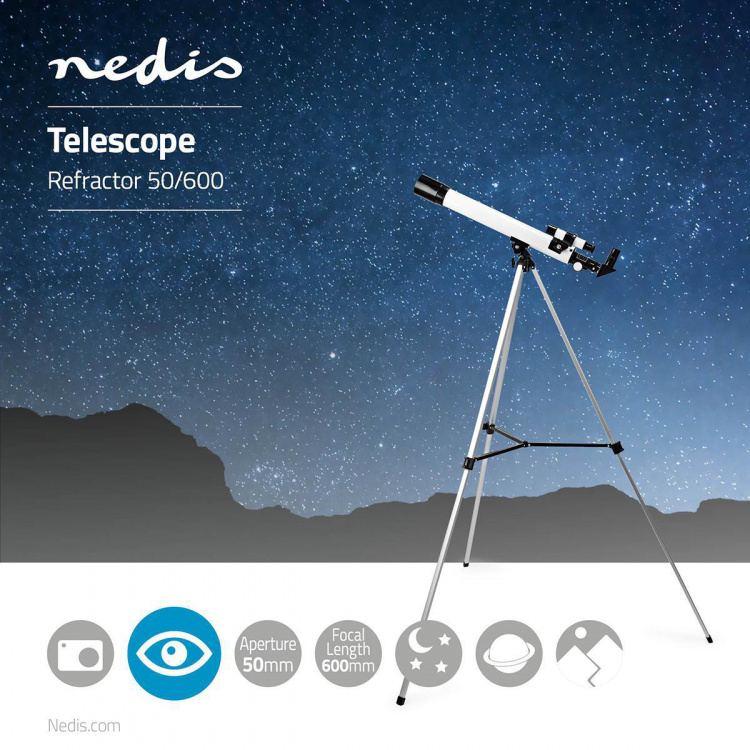 Nedis Teleskop | Bländare: 50 mm | Brännvidd: 600 mm | Finderscope: 5 x 24 | Maximal arbetshöjd: 125 cm | Tripod | Svart / Vit