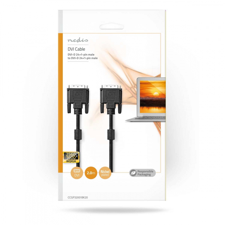 Nedis DVI-kabel | DVI-D 24+1-Pin Hane | DVI-D 24+1-Pin Hane | 2560x1600 | Nickelplaterad | 2.00 m | Rak | PVC | Svart | Kuvert