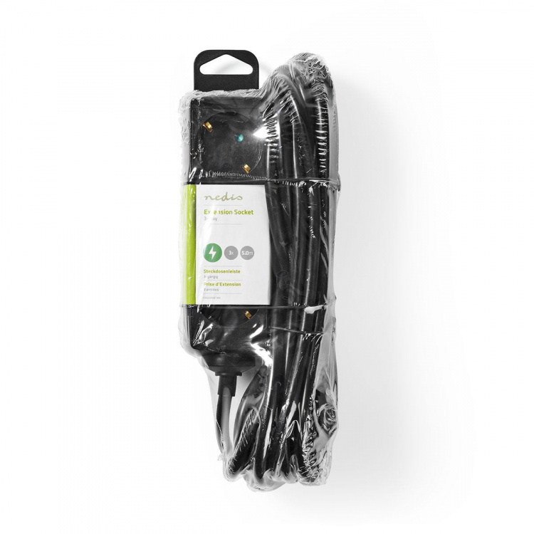 Nedis Gren kontakt | Jordad kontakt / Typ F (CEE 7/7) | 3-vägs | 5.00 m | 3680 W | 16 A | Typ av jordning: Sidkontakt | 230 V AC 50/60 Hz | Uttagsvinkel: 45 ° | H05VV-F 3G1.5mm² | Svart