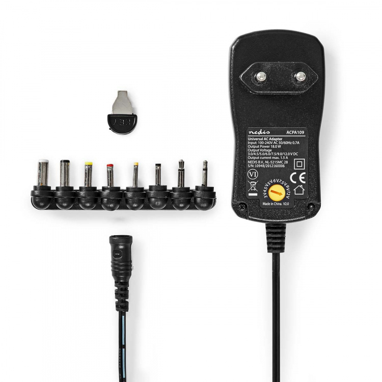 Nedis Universal nätadapter | 18 W | 3 - 12 V DC | 1.10 m | 1.5 A | 8 plug(s) | Svart