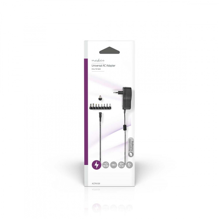 Nedis Universal nätadapter | 18 W | 3 - 12 V DC | 1.10 m | 1.5 A | 8 plug(s) | Svart
