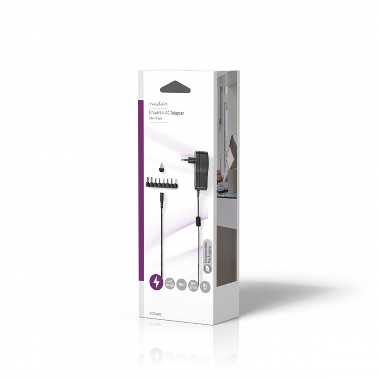 Nedis Universal nätadapter | 18 W | 3 - 12 V DC | 1.10 m | 1.5 A | 8 plug(s) | Svart