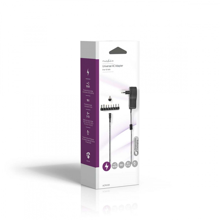 Nedis Universal nätadapter | 18 W | 3 - 12 V DC | 1.10 m | 1.5 A | 8 plug(s) | Svart