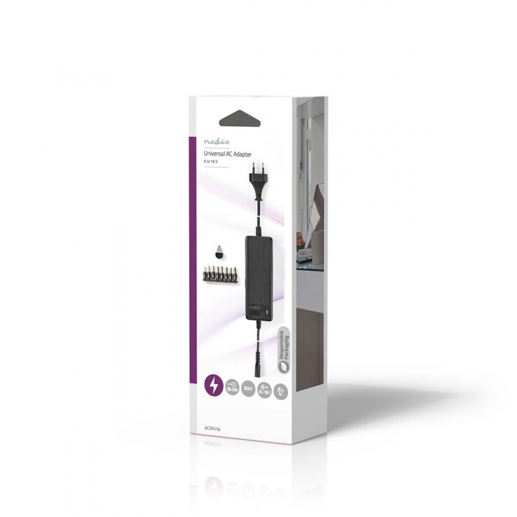 Nedis Universal nätadapter | 60 W | 6 - 16 V DC | 1.10 m | 5.0 - 5.2 A | 8 plug(s) | Svart Nedis Universal nätadapter | 60 W | 6 - 16 V DC | 1.10 m | 5.0 - 5.2 A | 8 plug(s) | Svart