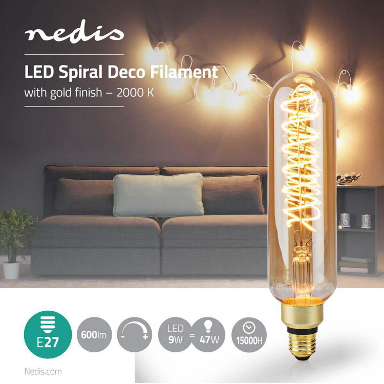 Nedis LED Glödlampa E27 | T65 | 8.5 W | 600 lm | 2000 K | Dimbar | Med guld finish | Retrostil | 1 st