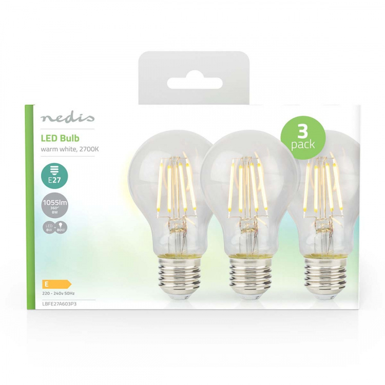 Nedis LED Glödlampa E27 | A60 | 8 W | 1055 lm | 2700 K | Varm Vit | Retrostil | 3 st