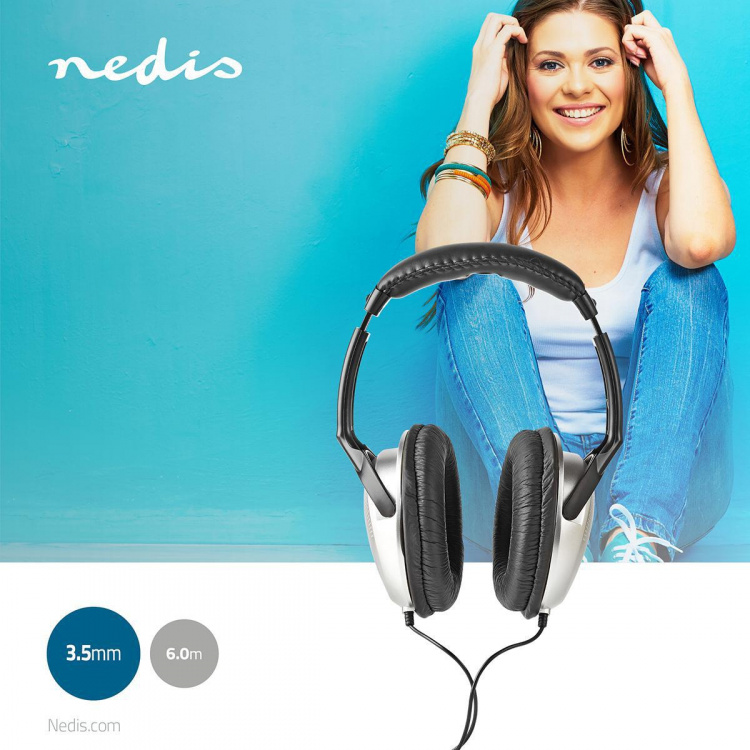 Nedis Over-Ear Wired hörlurar | 3.5 mm | Kabellängd: 6.00 m | Volymkontroll | Silver / Svart