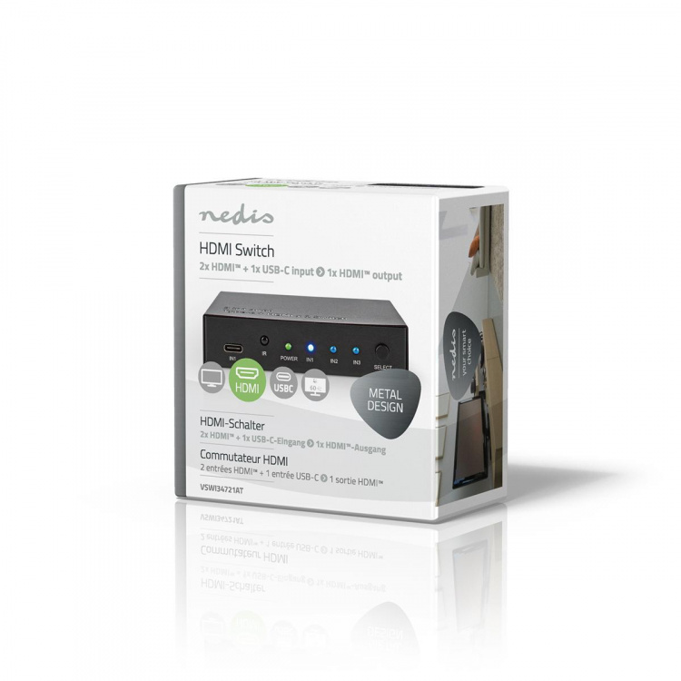 Nedis HDMI ™ Switch | 3-Port port(s) | 1x USB-C™ / 2x HDMI™ Input | 1x HDMI™ Output | 4K@60Hz | 18.0 Gbps | Metall | Antracit