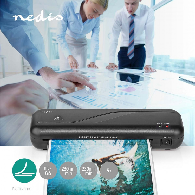 Nedis Laminator | Varm | A4 | 230 mm/min | Strömadapter | Svart Nedis Laminator | Varm | A4 | 230 mm/min | Strömadapter | Svart