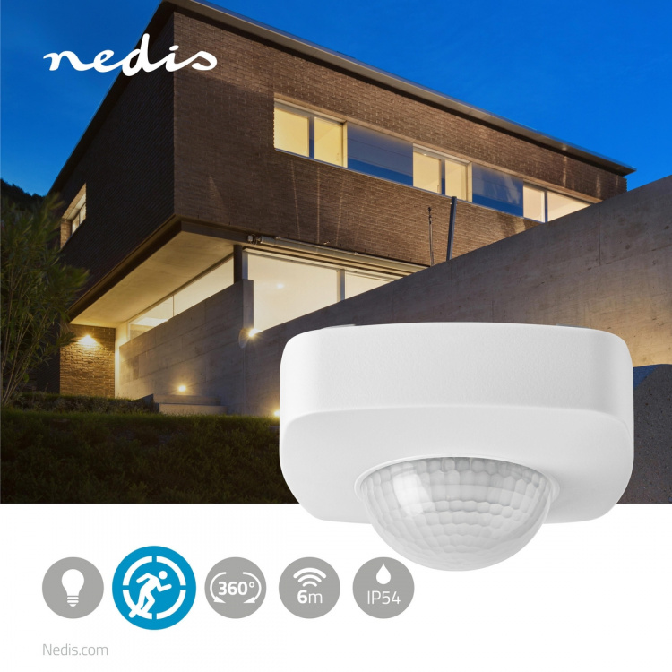 Nedis Rörelsedetektor | Inomhus och utomhus | 3-Wire | Typ F (CEE 7/7) | 360 ° | 5 - 300 W | 300 W | 1200 W | 3 - 2000 Lux | Sensorteknik: PIR | Sensor räckvidd: 2.0 - 8.0 m
