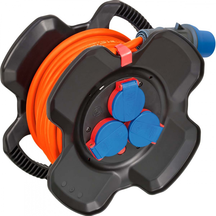 brennenstuhl CEE Kabelupprullare gjord av speciell gummiblandning (10 m kabel i orange, Camping Kabelupprullare för permanent utomhusbruk IP44, 2x CEE-uttag, 3x Uttag)