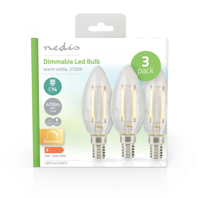 Nedis LED-lampa Lampa E14 | Ljus | 4.5 W | 470 lm | 2700 K | Dimbar | Varm Vit | Retrostil | 3 st. | Tydlig