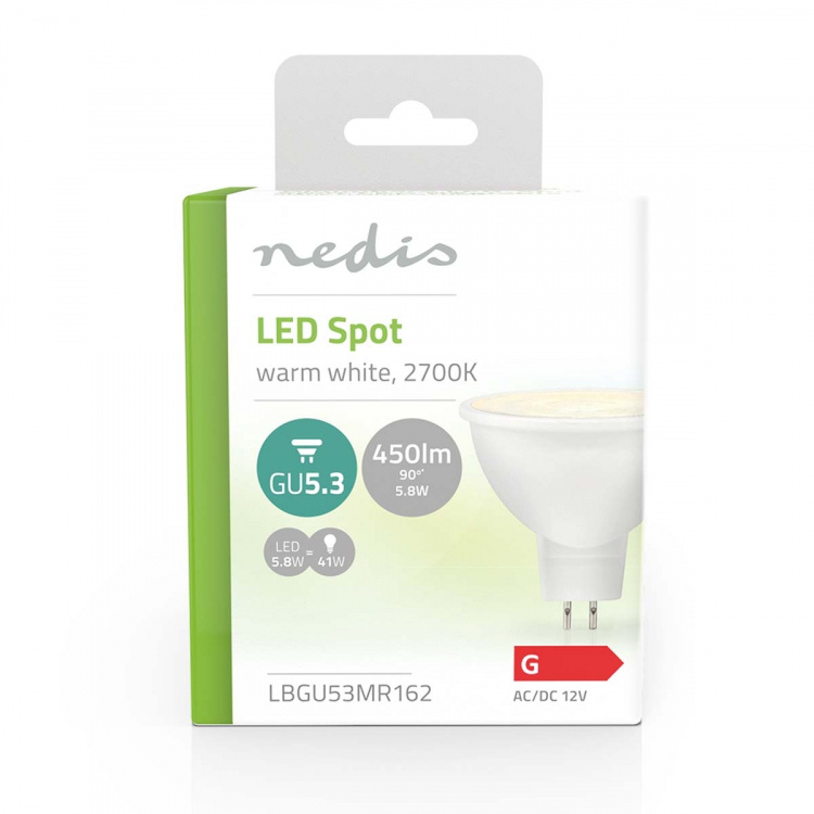 Nedis LED-lampa GU5.3 | Spot | 5.8 W | 450 lm | 2700 K | Varm Vit | Tydlig | Antal lampor i förpackning: 1 st Nedis LED-lampa GU5.3 | Spot | 5.8 W | 450 lm | 2700 K | Varm Vit | Tydlig | Antal lampor i förpackning: 1 st