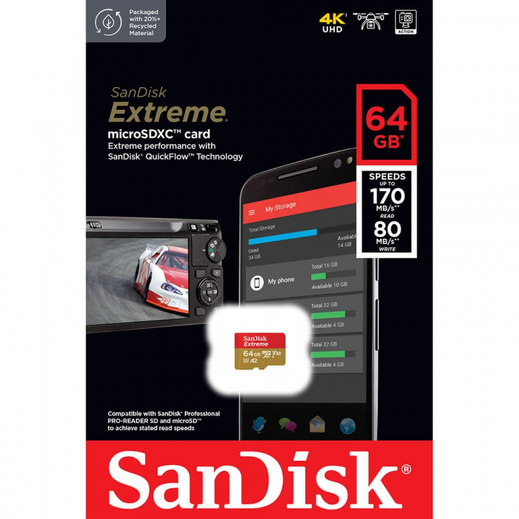 SanDisk MicroSDXC Extreme 64GB 170MB/s A2 C10 V30 UHS-I U3 SanDisk MicroSDXC Extreme 64GB 170MB/s A2 C10 V30 UHS-I U3