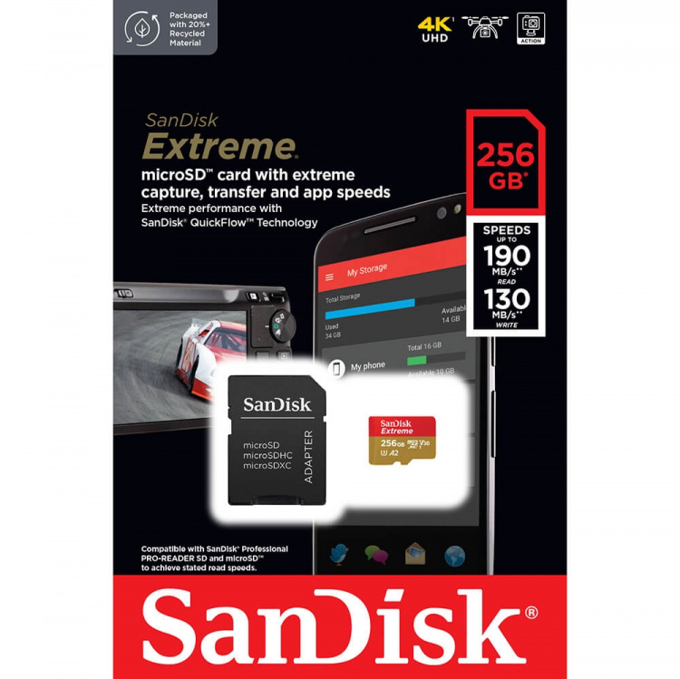 SanDisk MicroSDXC Extreme 256GB 190MB/s A2 C10 V30 med Adapter