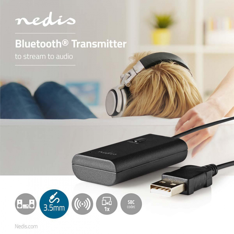 Nedis Bluetooth®-sändare | Ingång för audio/video/dataanslutningar: 1x AUX / 1x USB | SBC | Upp till 1 enhet | Svart