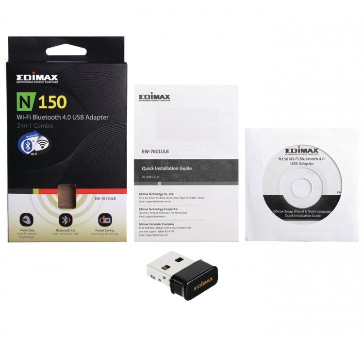 Edimax 2-i-1 N150 Wi-Fi & Bluetooth 4.0 Nano USB-adapter 2,4 GHz Svart