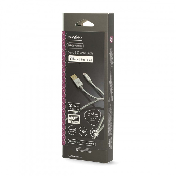 Nedis Lightning Kabel | USB 2.0 | Apple Lightning, 8-stifts | USB-A Hane | 480 Mbps | Guldplaterad | 1.00 m | Rund | Flätad / Nylon | Aluminium | Kartong med täckt fönster Nedis Lightning Kabel | USB 2.0 | Apple Lightning, 8-stifts | USB-A Hane | 480 Mbps | Guldplaterad | 1.00 m | Rund | Flätad / Nylon | Aluminium | Kartong med täckt fönster