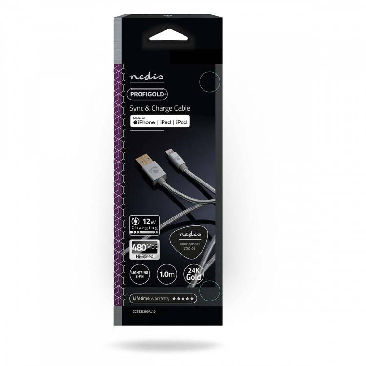 Nedis Lightning Kabel | USB 2.0 | Apple Lightning, 8-stifts | USB-A Hane | 480 Mbps | Guldplaterad | 1.00 m | Rund | Flätad / Nylon | Aluminium | Kartong med täckt fönster Nedis Lightning Kabel | USB 2.0 | Apple Lightning, 8-stifts | USB-A Hane | 480 Mbps | Guldplaterad | 1.00 m | Rund | Flätad / Nylon | Aluminium | Kartong med täckt fönster
