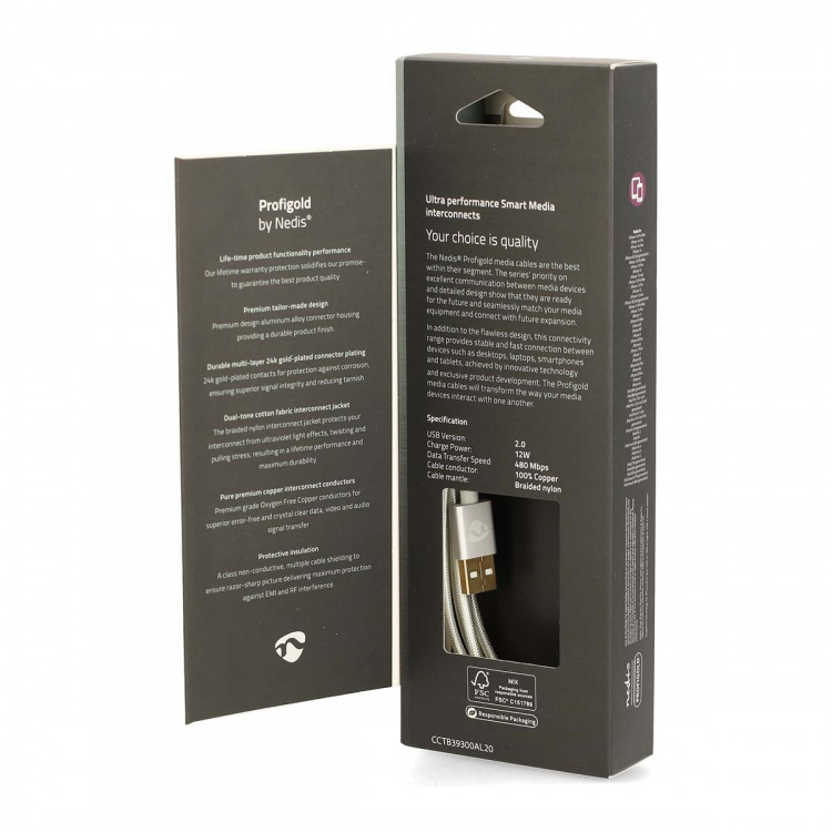 Nedis Lightning Kabel | USB 2.0 | Apple Lightning, 8-stifts | USB-A Hane | 480 Mbps | Guldplaterad | 2.00 m | Rund | Flätad / Nylon | Aluminium | Kartong med täckt fönster