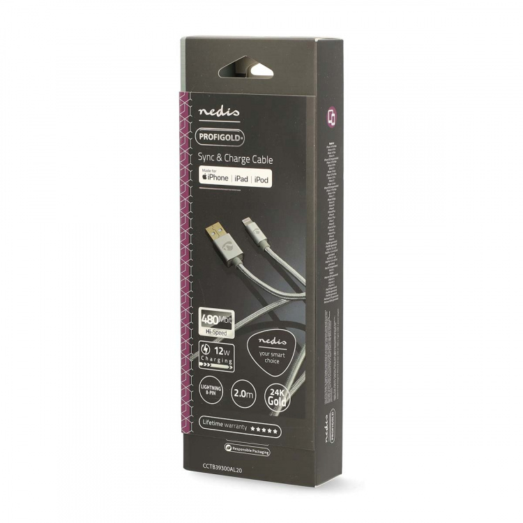 Nedis Lightning Kabel | USB 2.0 | Apple Lightning, 8-stifts | USB-A Hane | 480 Mbps | Guldplaterad | 2.00 m | Rund | Flätad / Nylon | Aluminium | Kartong med täckt fönster